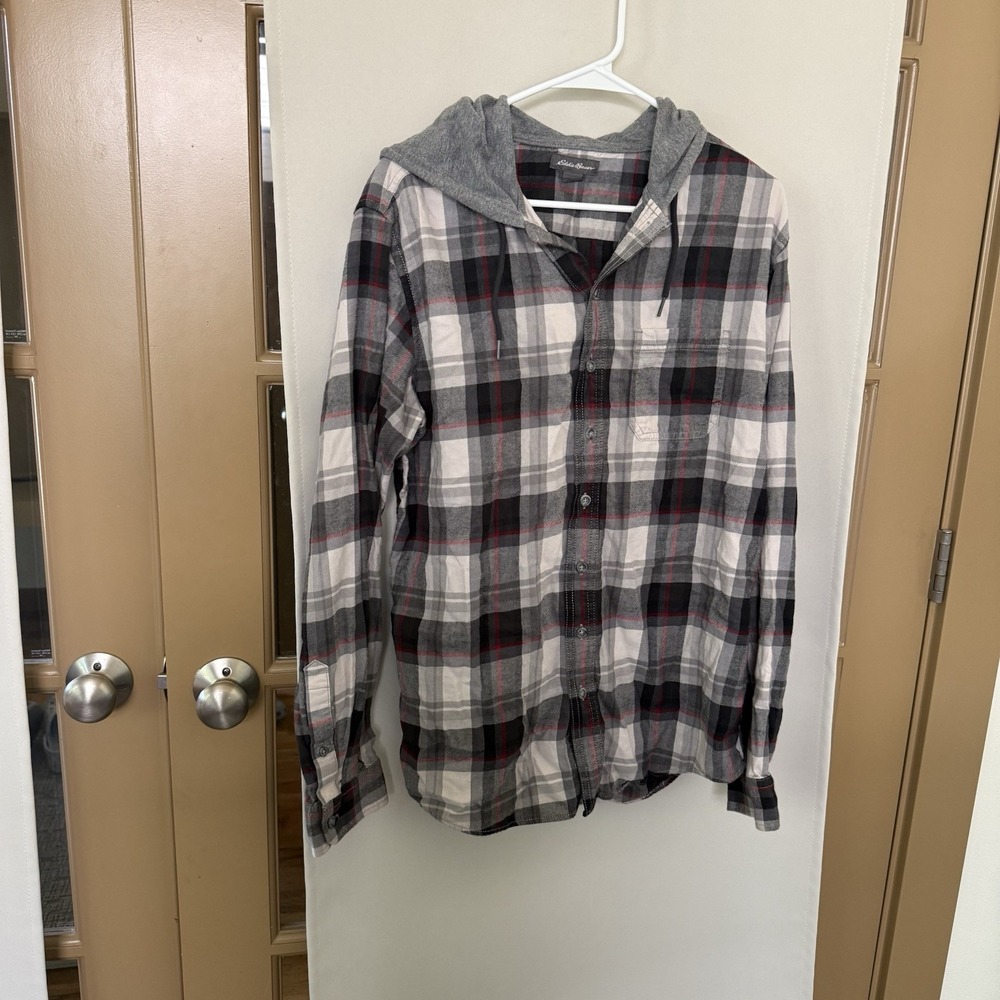 Eddie Bauer Men's TL Tall Large Plaid Flannel Hooded Long Sleeve Button Up Shirt